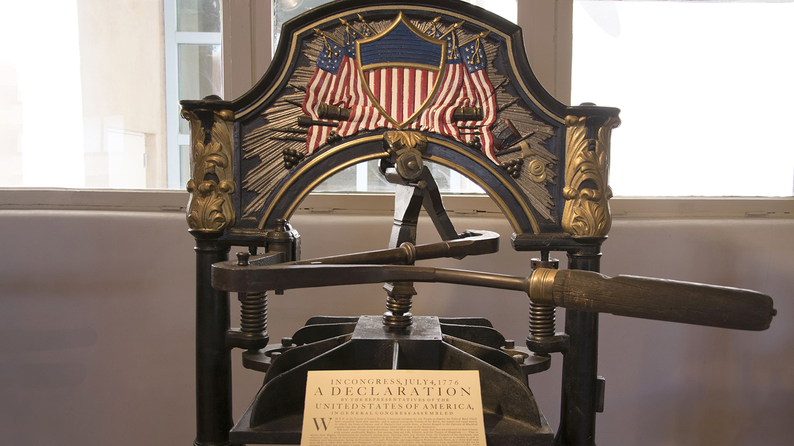 Washington hand press with a commemorative reprinting of the Declaration of Independence. Photo by Hannah Abelbeck